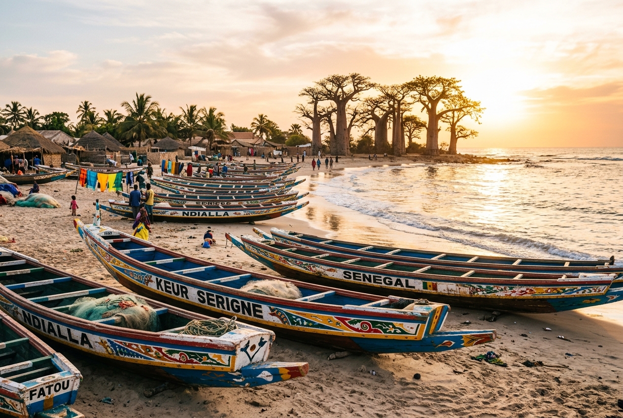 Pirogues colorées sur une plage du Sénégal