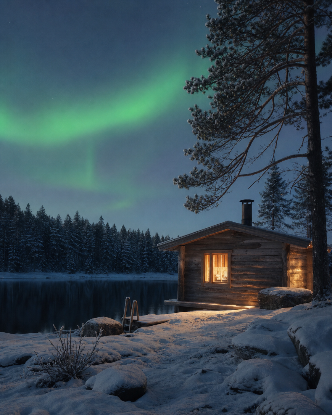 Cabane enneigée sous les aurores boréales