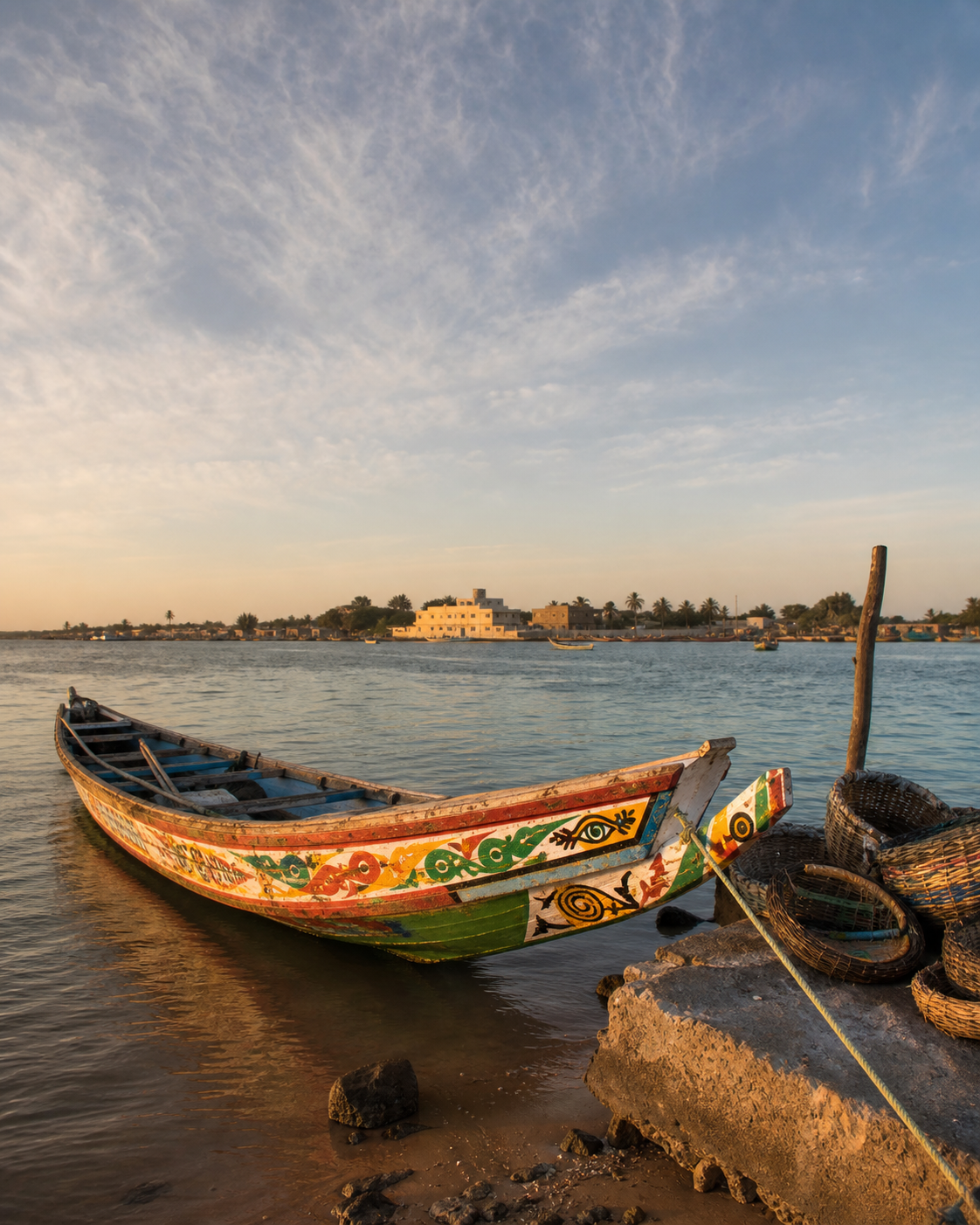 Pirogues colorées sur une plage du Sénégal